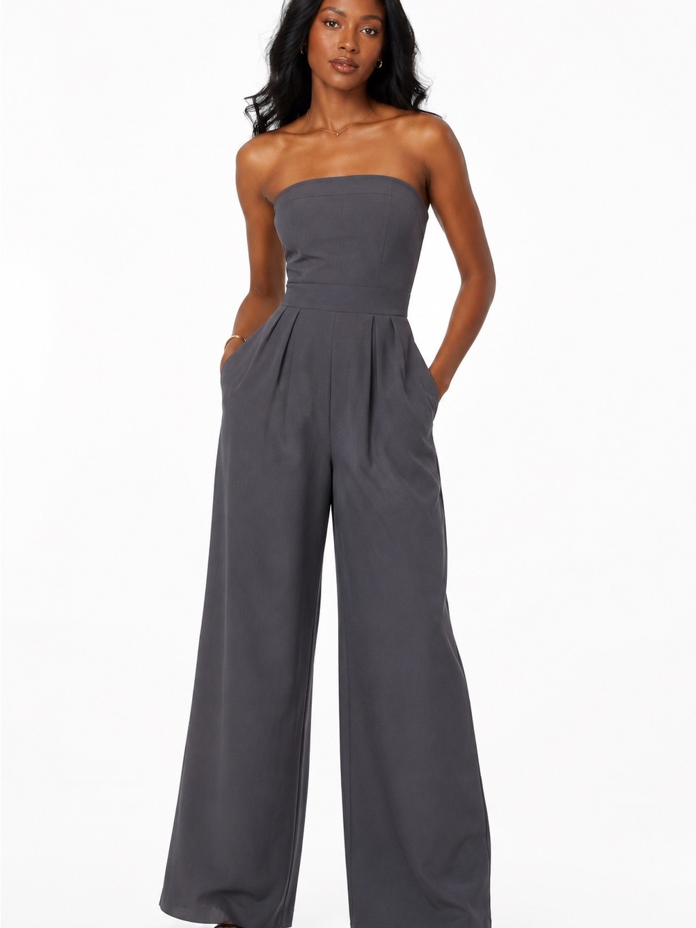 Newport News Strapless Wide-Leg Jumpsuit in Charcoal Gray
